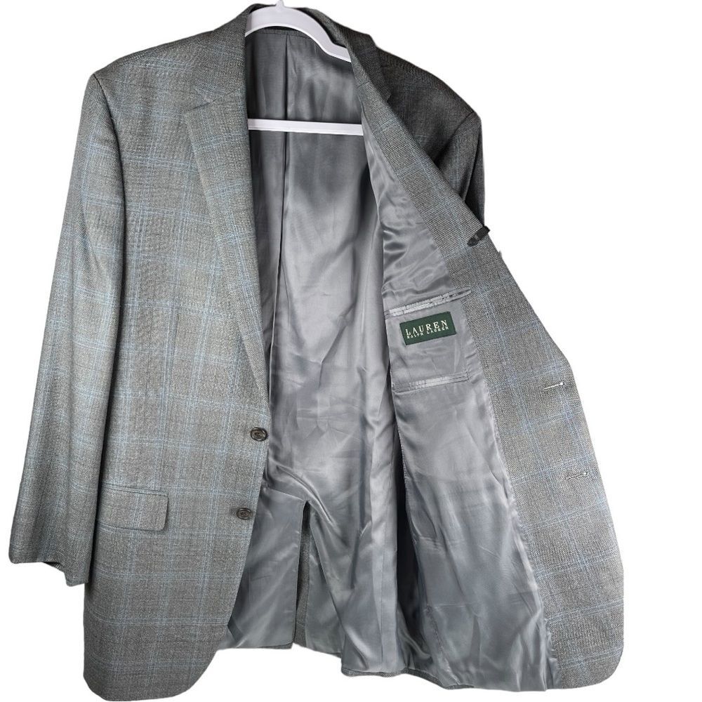Lauren Ralph Lauren Silk Wool Gray blue Plaid Sport Coat Blazer Men’s Size 40L